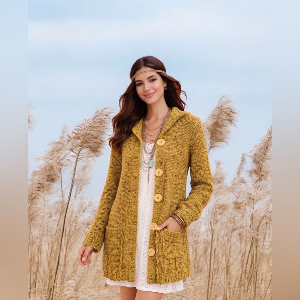 Chunky knit Boho crochet Mustard Yellow Hooded Buttoned Cardigan Sweater Large